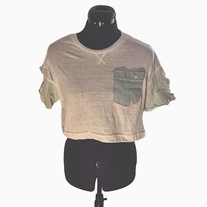 Dazl White and Distressed Denim Short Sleeve Crop Top